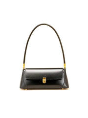 Black handbag with gold accents on a white background