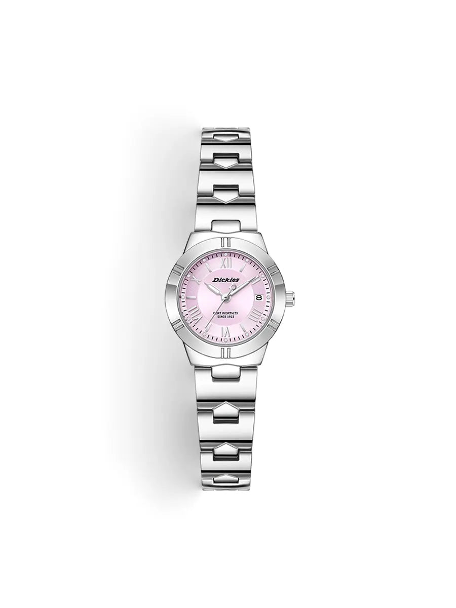 Silver watch with a pink face on a white background