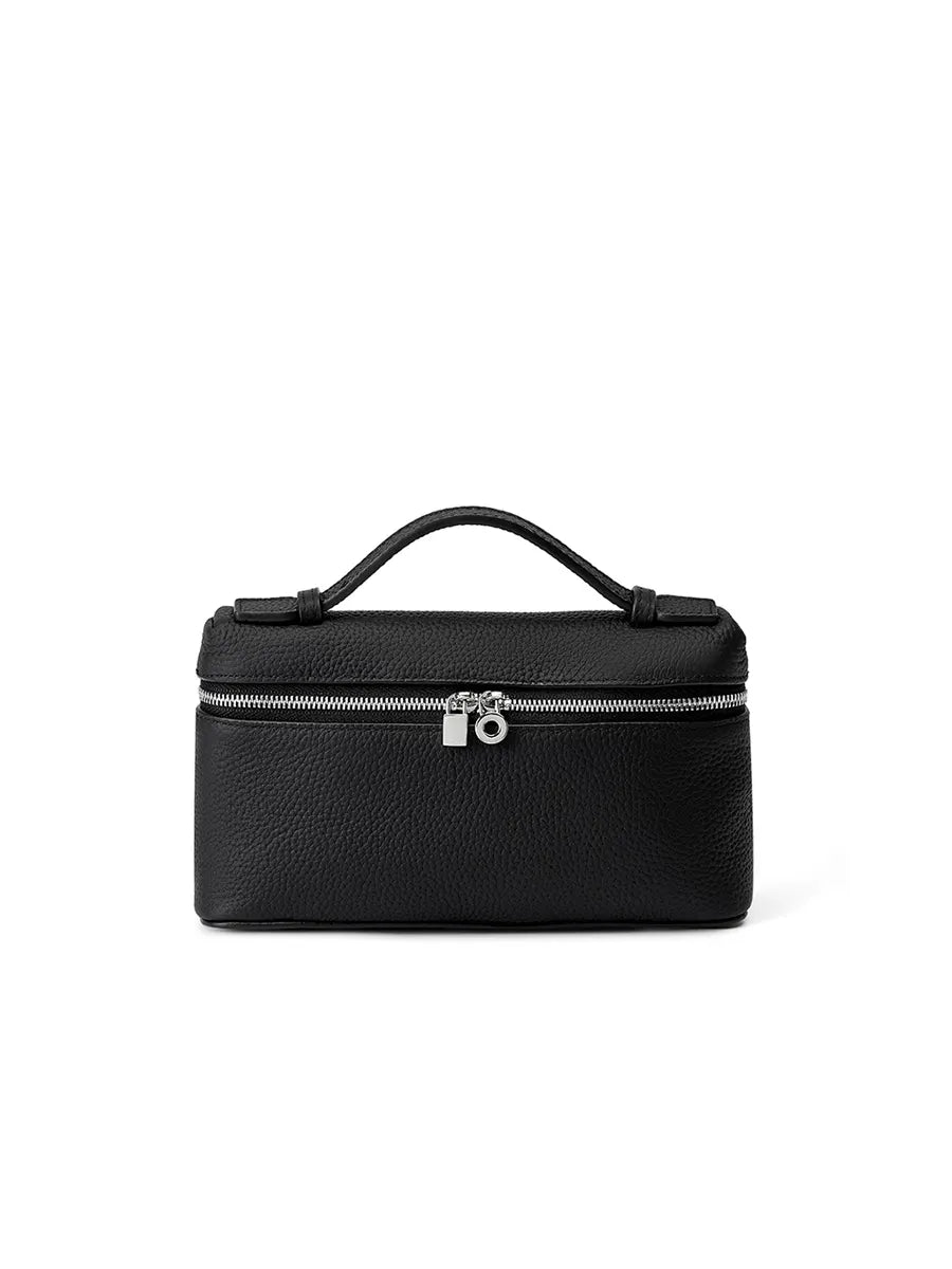 Black handbag with a silver zipper on a white background