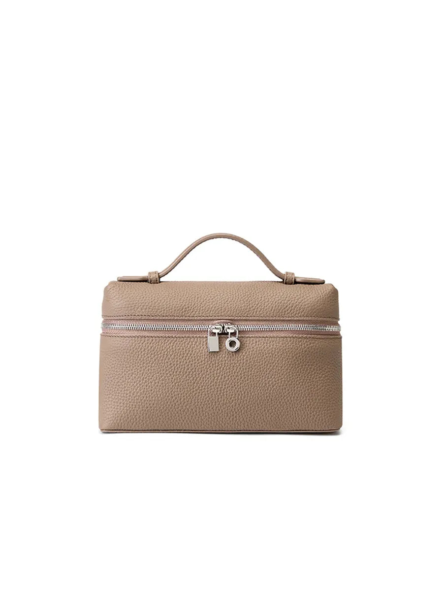 Beige travel case with a handle on a white background