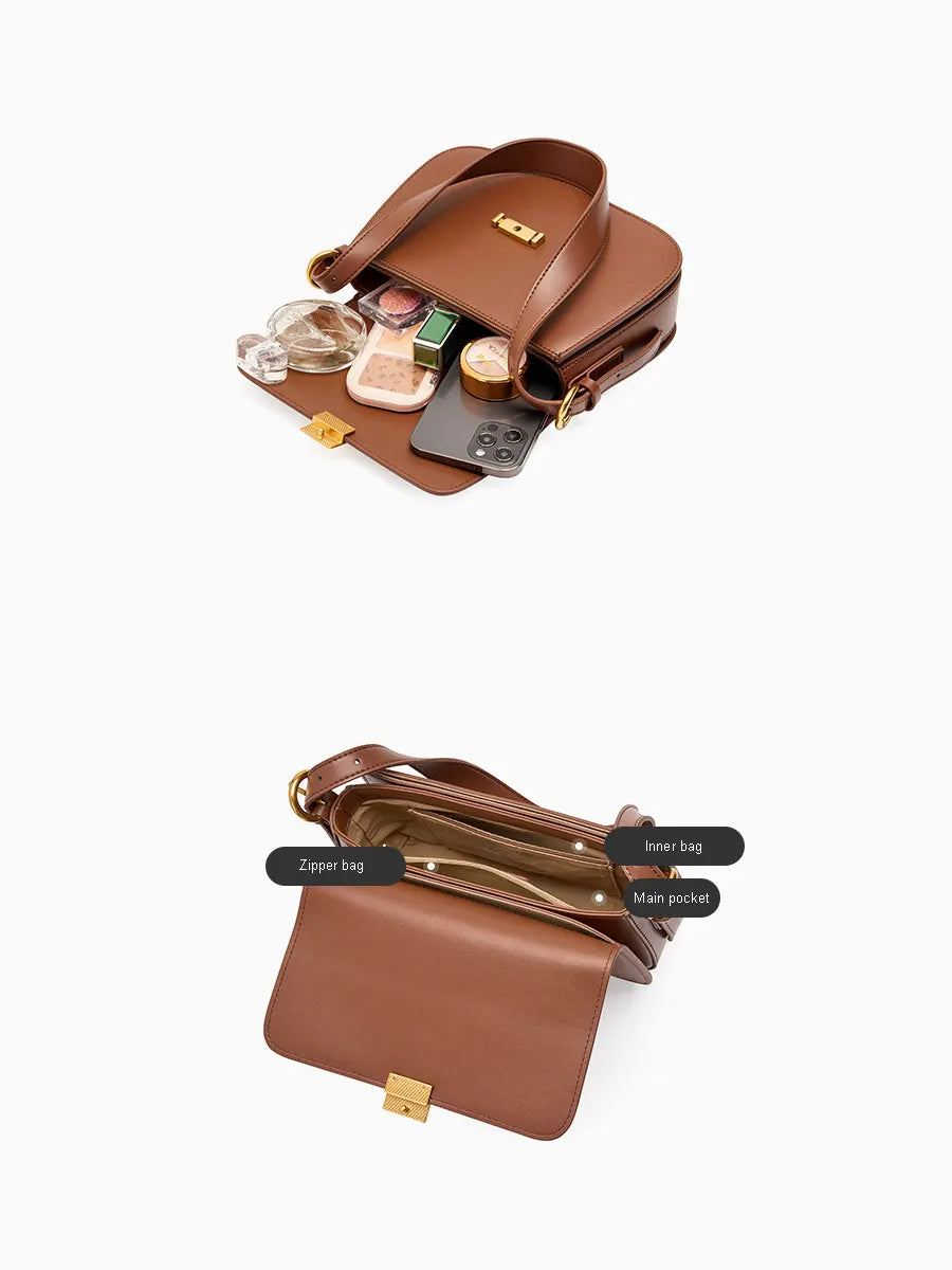 Brown handbag with compartments and cosmetic items on a white background