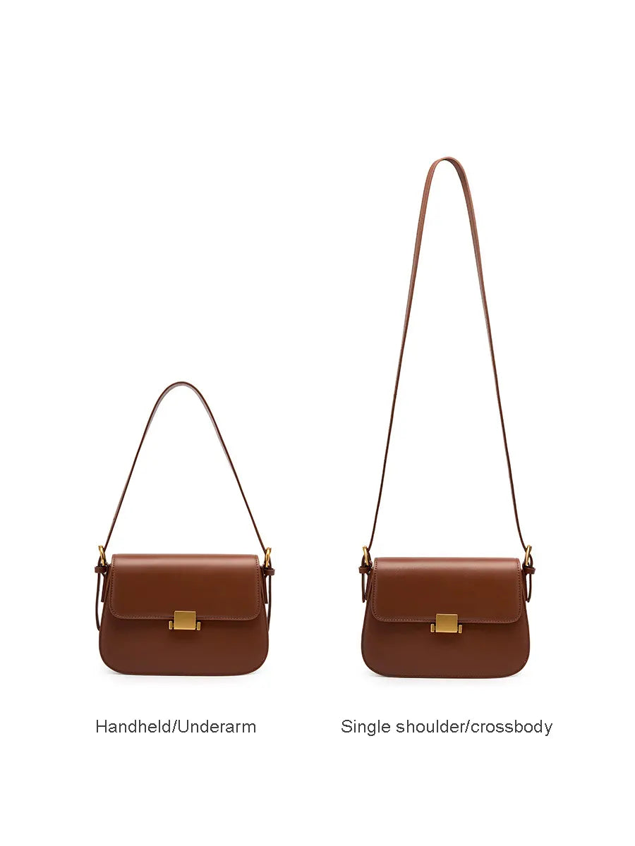 Two brown handbags with handles and crossbody straps on a white background