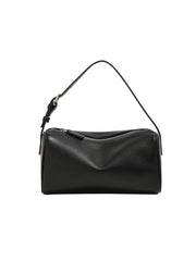 Black handbag with a strap on a white background