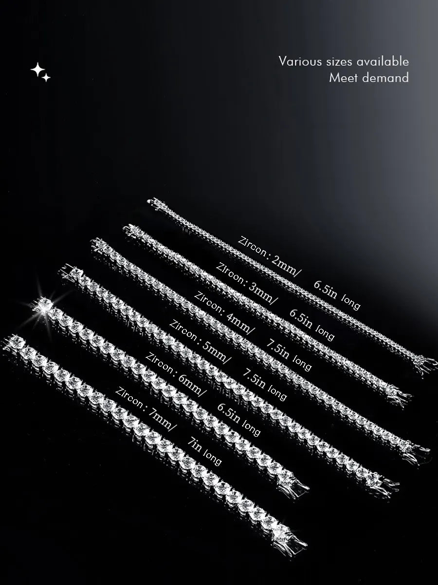 Set of silver zirconia necklaces with size labels on a black background