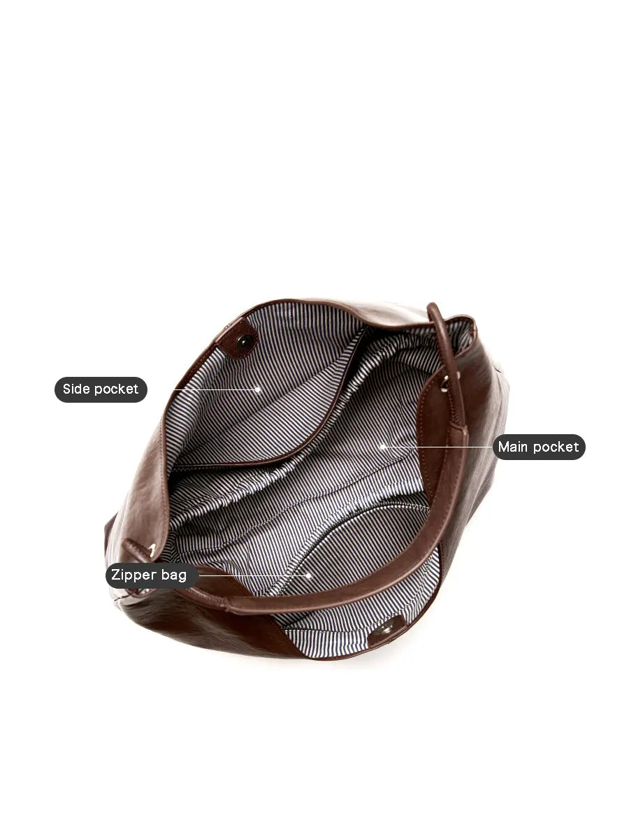 Brown bag with labeled pockets on a white background