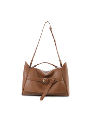 Brown leather handbag with a strap on a white background