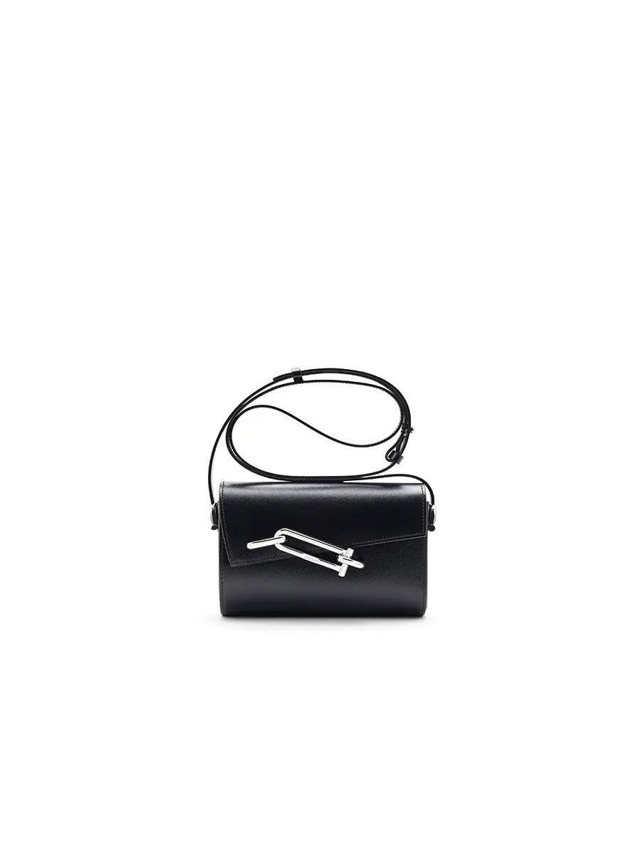Black handbag with a unique design on a white background