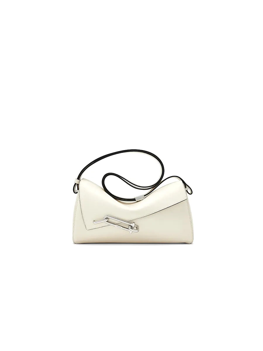 White handbag with black handle on a white background