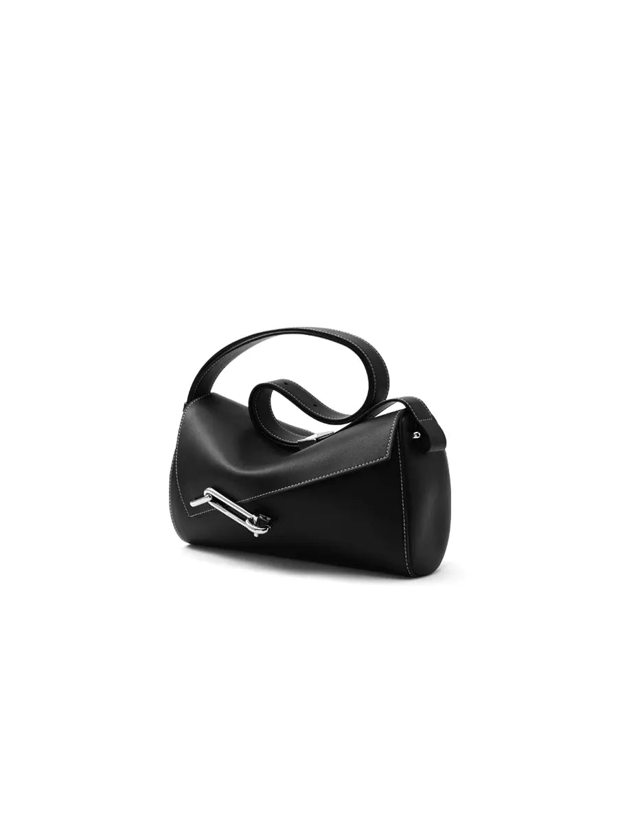 Black handbag with a silver clasp on a white background