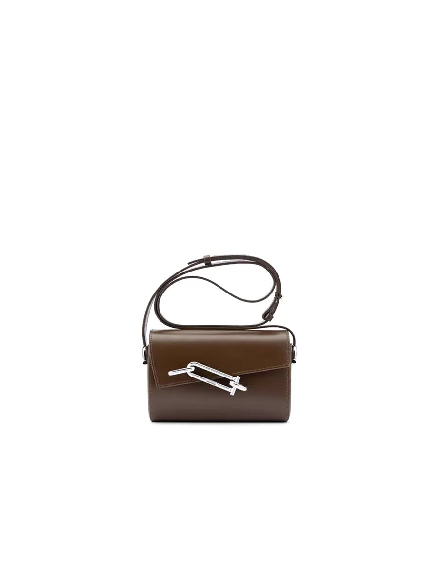 Brown handbag with a silver clasp on a white background