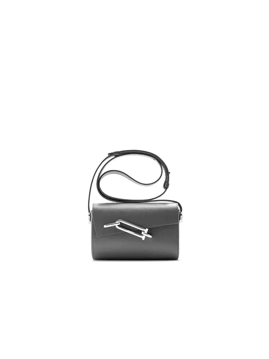 Gray handbag with a unique design on a white background