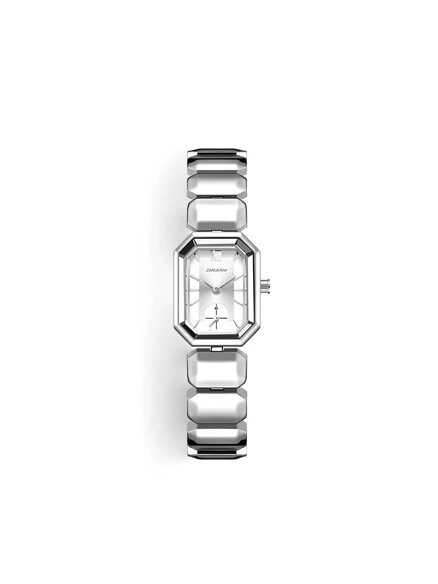 Silver watch with a geometric bracelet design on a white background
