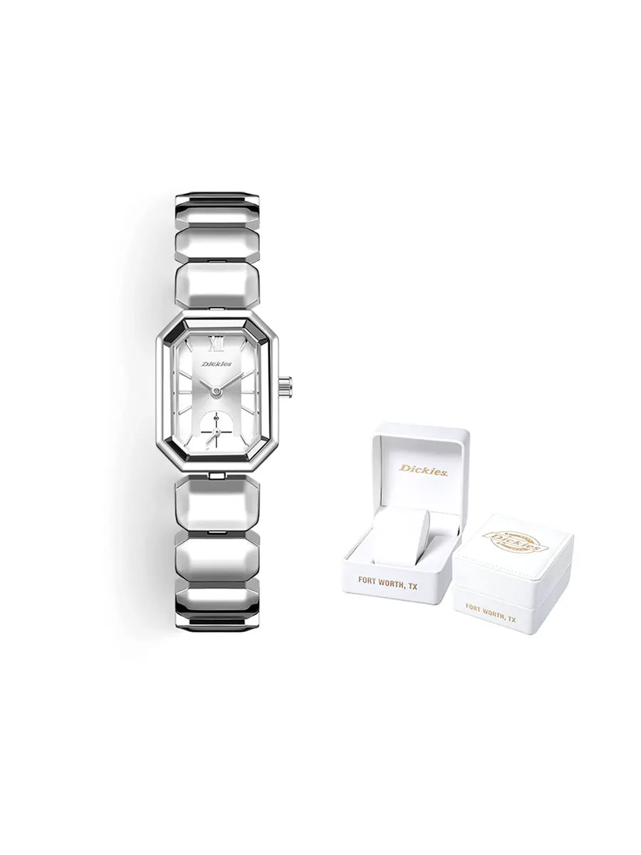 Silver watch with a matching box on a white background