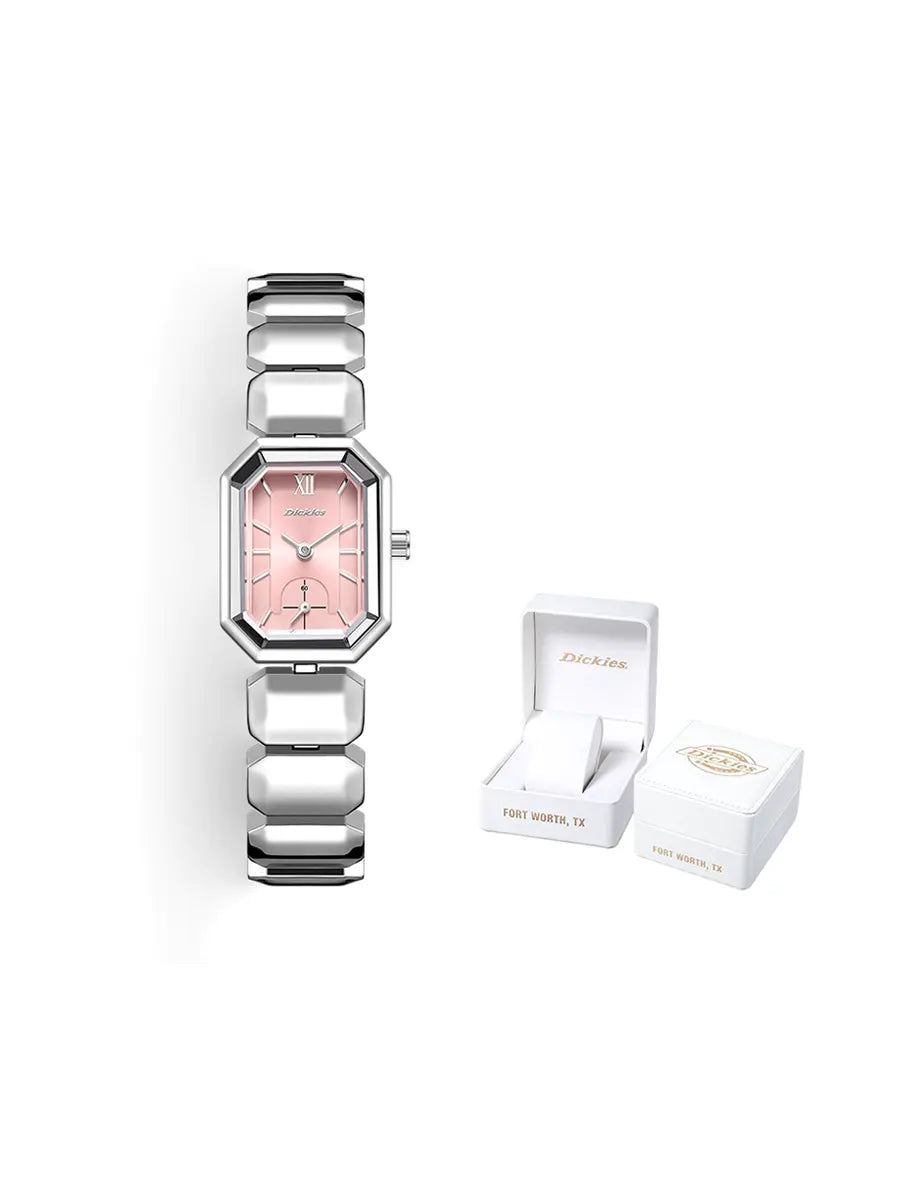 Silver watch with pink face and packaging on a white background