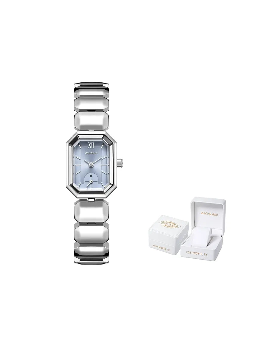 Silver watch with a matching bracelet and packaging on a white background