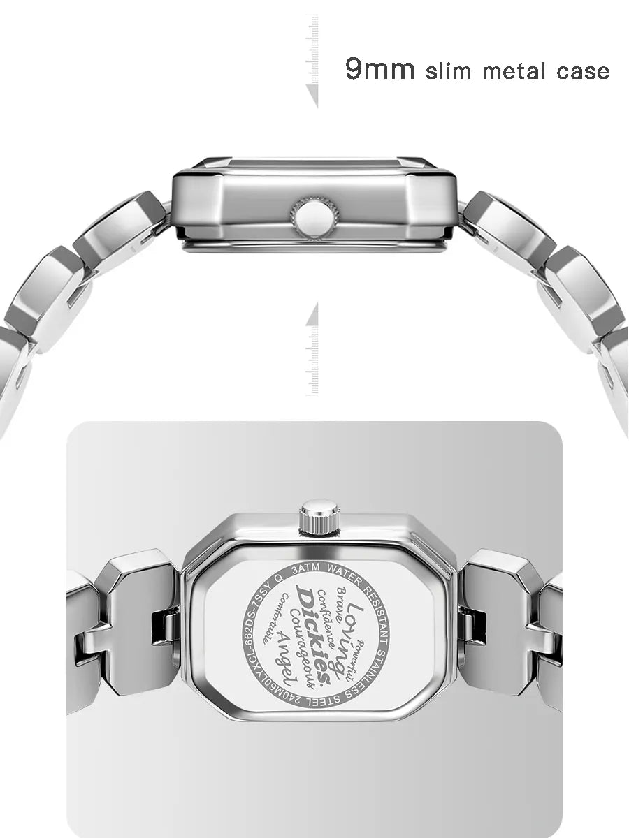 Silver watch with a focus on the metal case thickness and brand engraving.