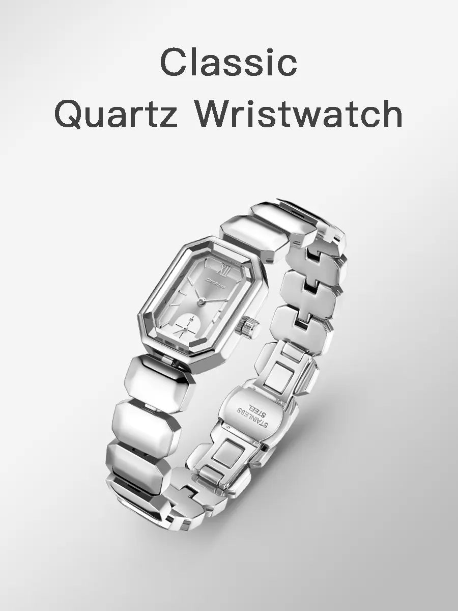 Silver classic quartz wristwatch on a light gray background
