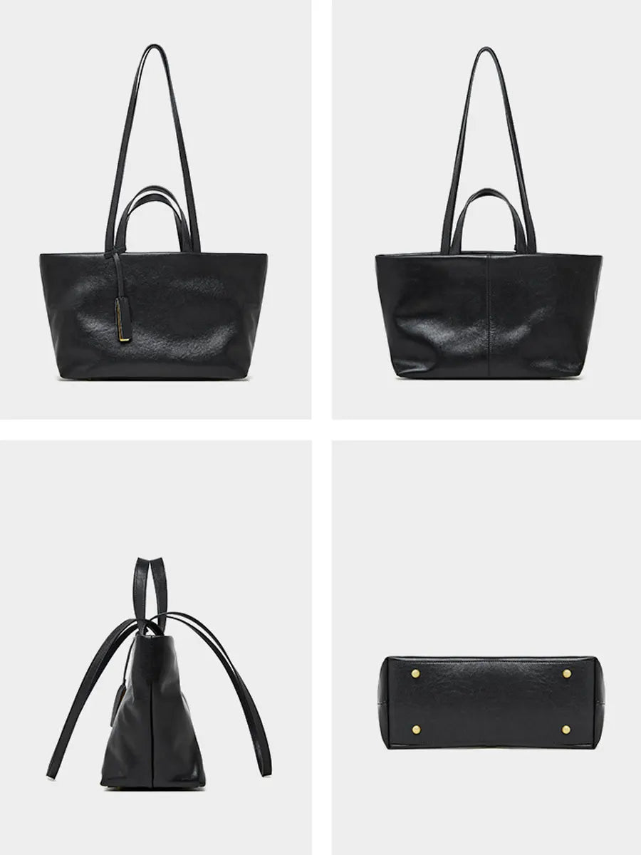 Four views of a black leather handbag on a white background
