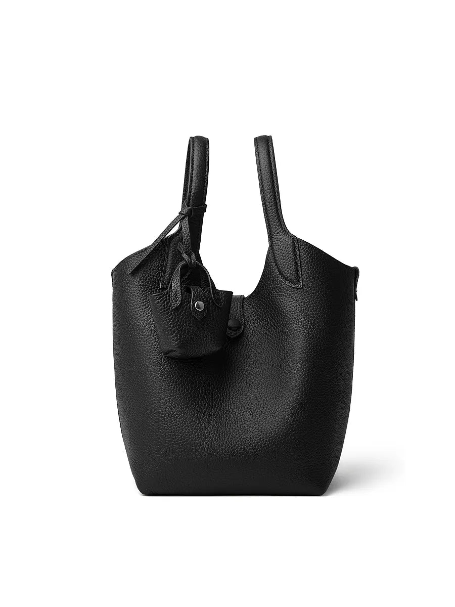 Black leather handbag on a white background