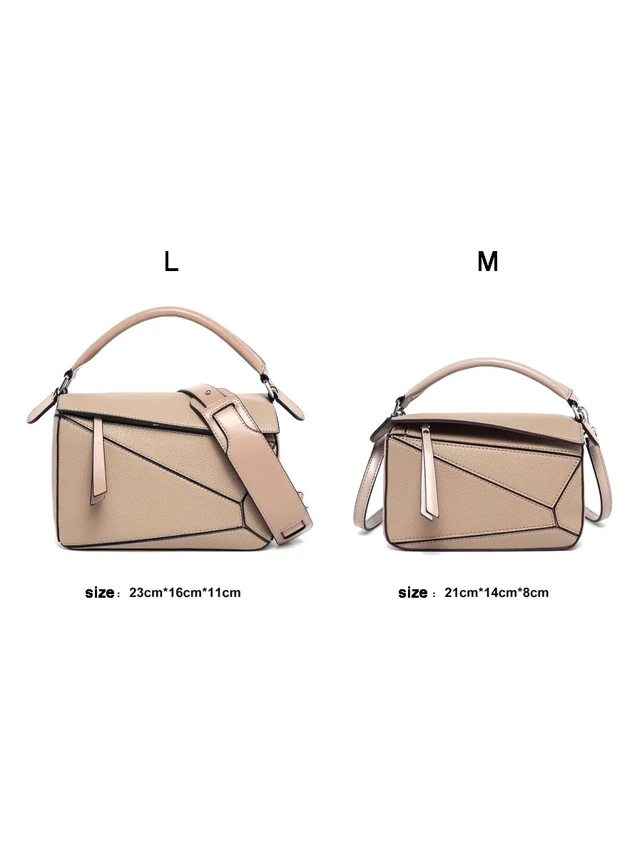 Two beige handbags, one labeled 'L' and the other 'M', with dimensions displayed below each.