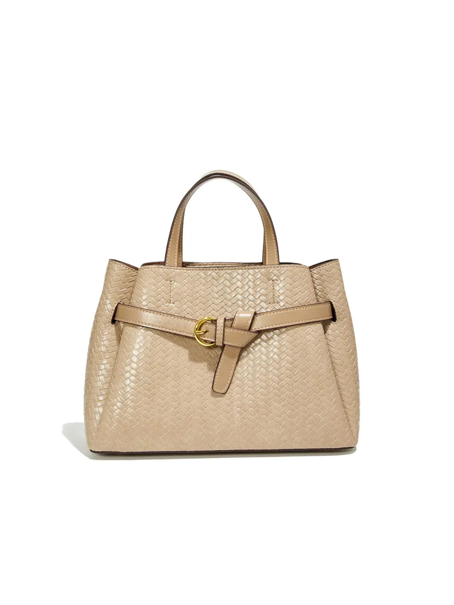 Beige handbag with a woven pattern on a white background