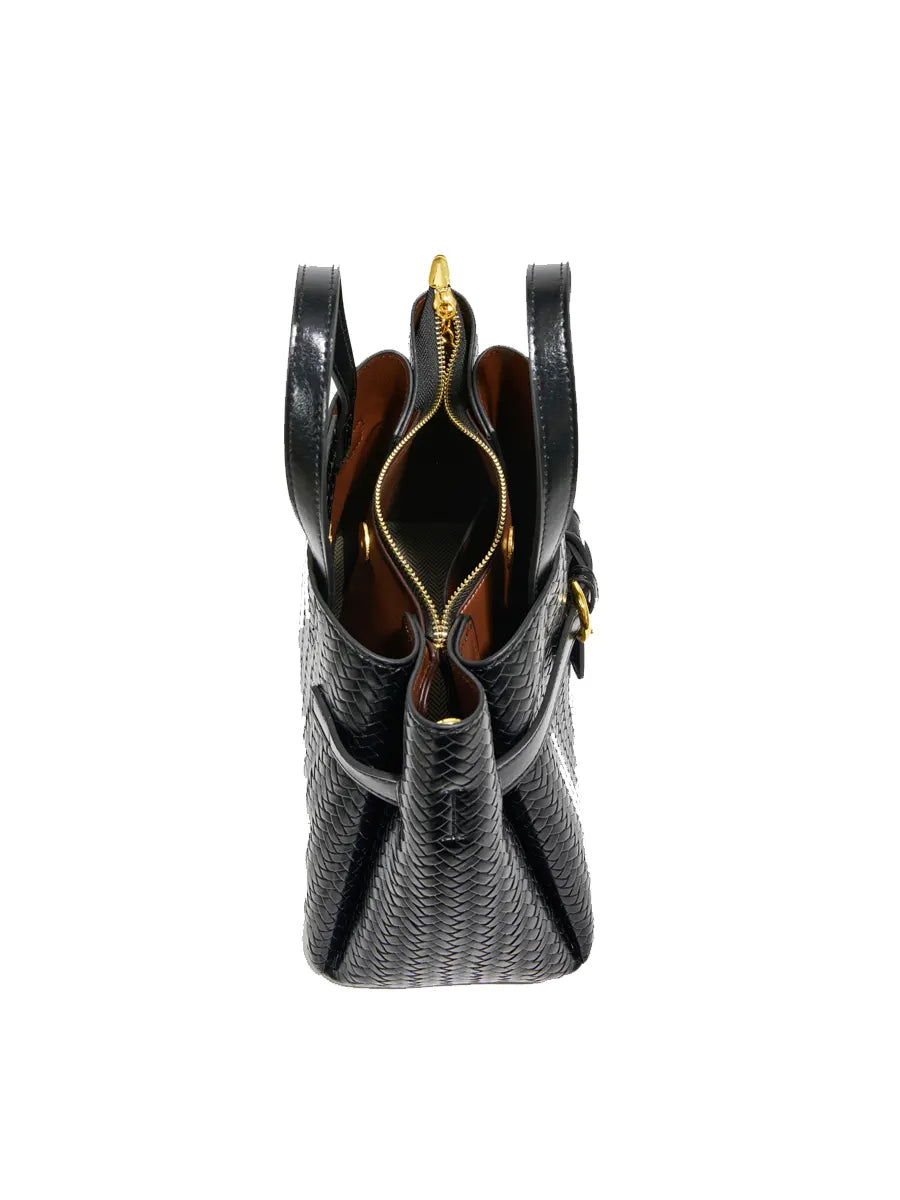 Black handbag with gold zipper on a white background