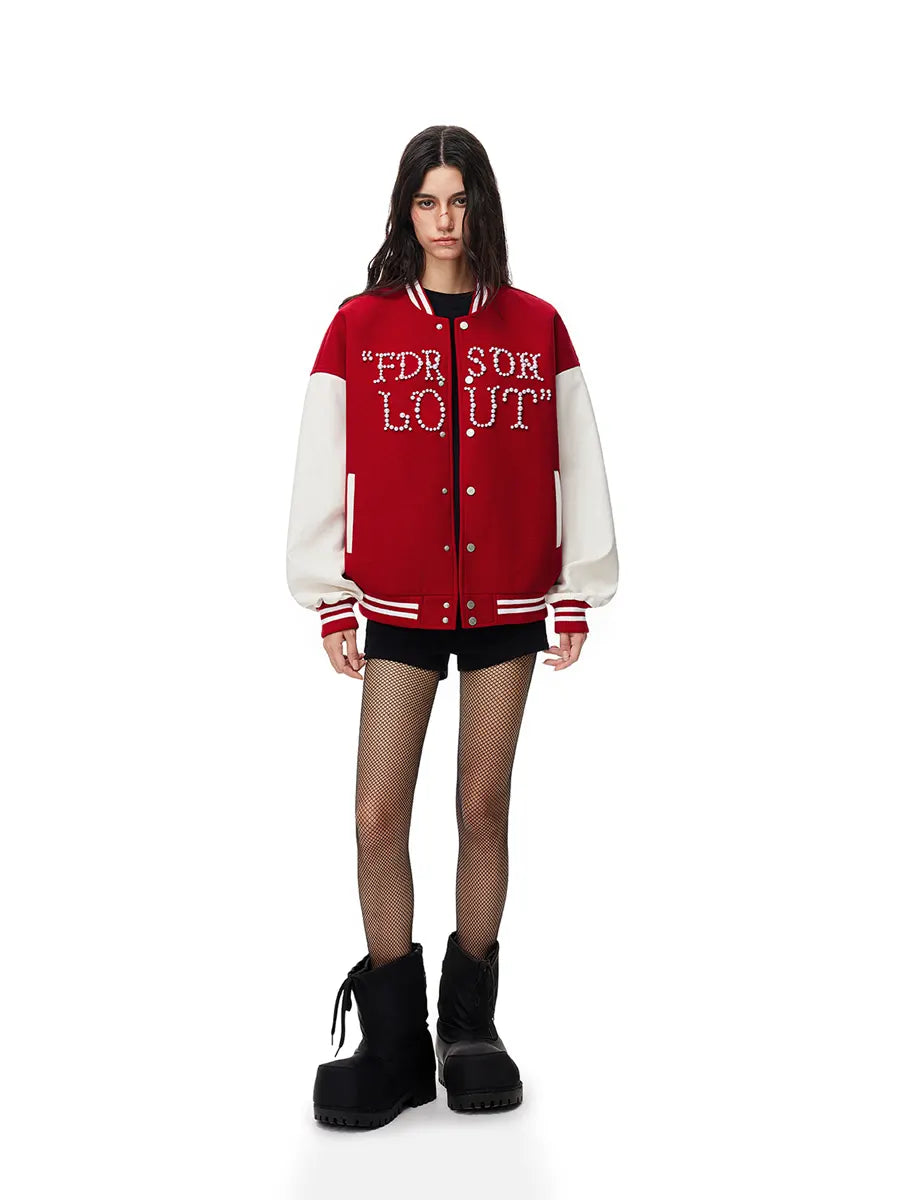 Person wearing a red and white varsity jacket with text on a white background