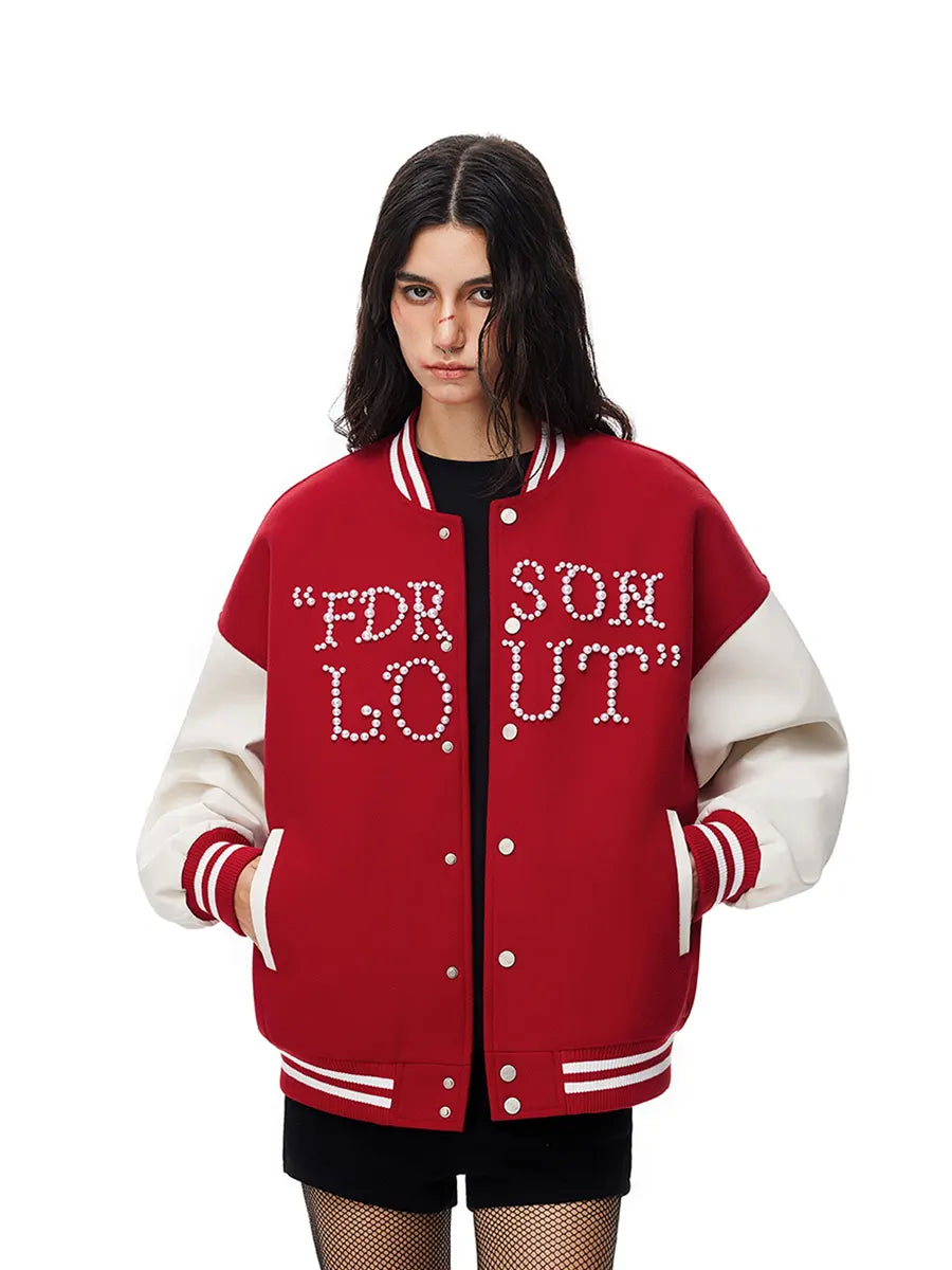 Person wearing a red and white varsity jacket with text on a white background