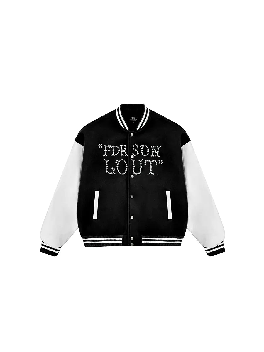 Black and white varsity jacket with text on a white background