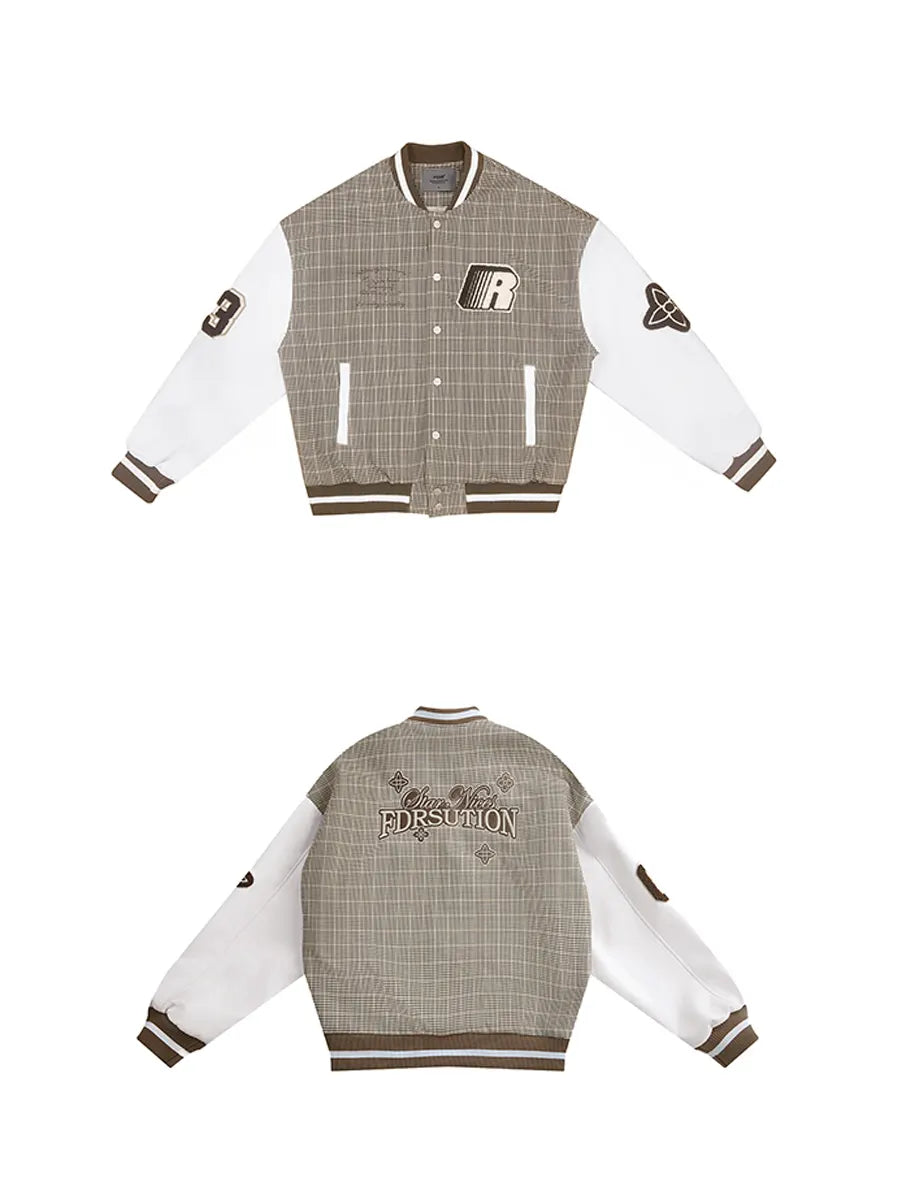Plaid varsity jacket with white sleeves and brown accents on a white background