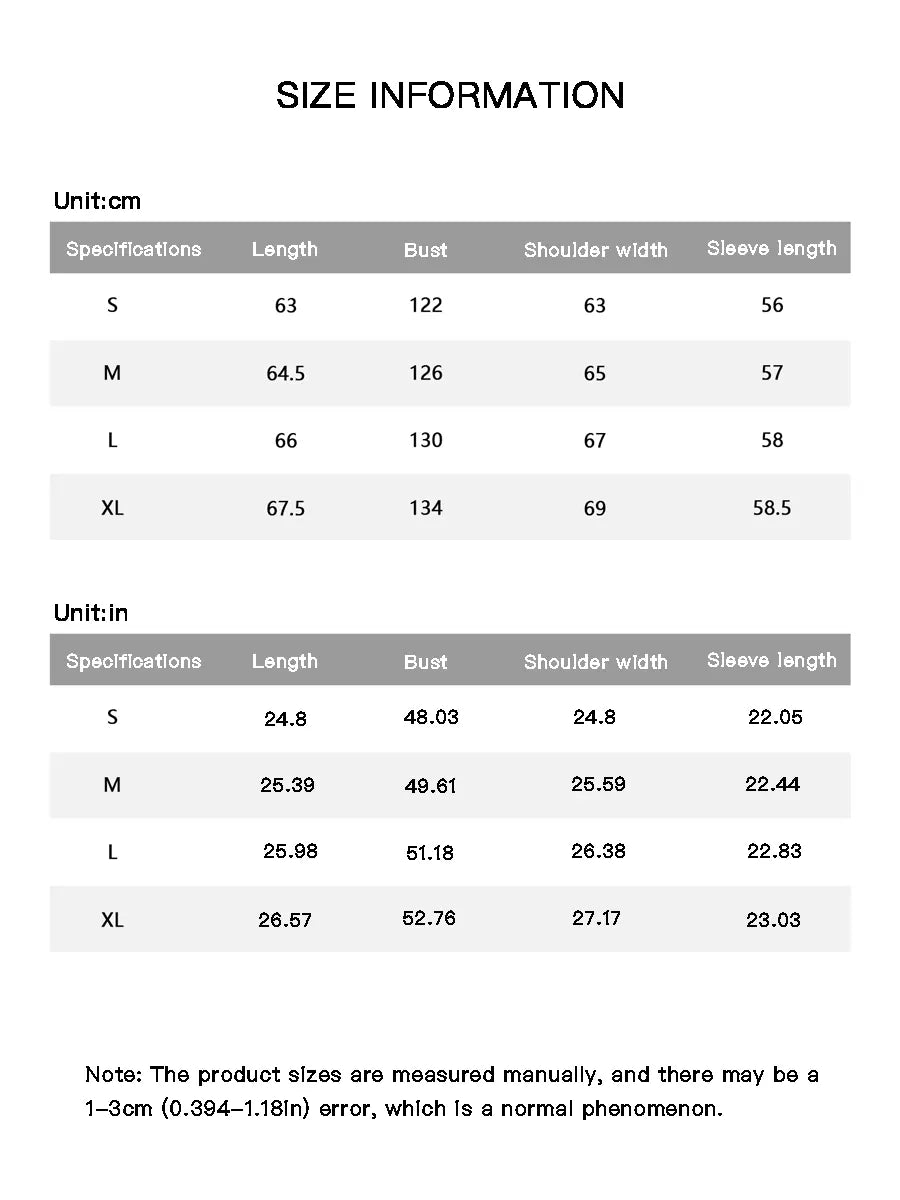Size chart for clothing measurements in centimeters and inches