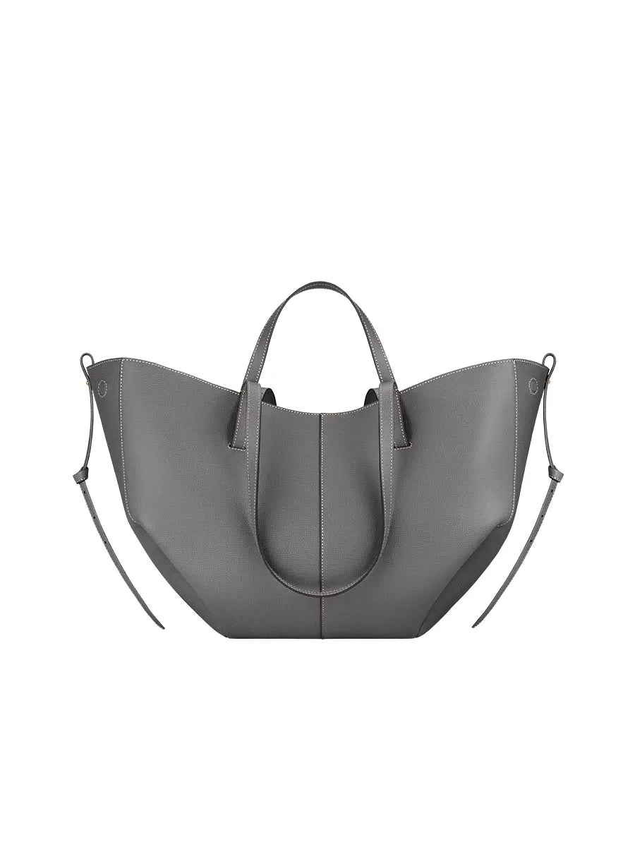 Gray tote bag with shoulder straps on a white background