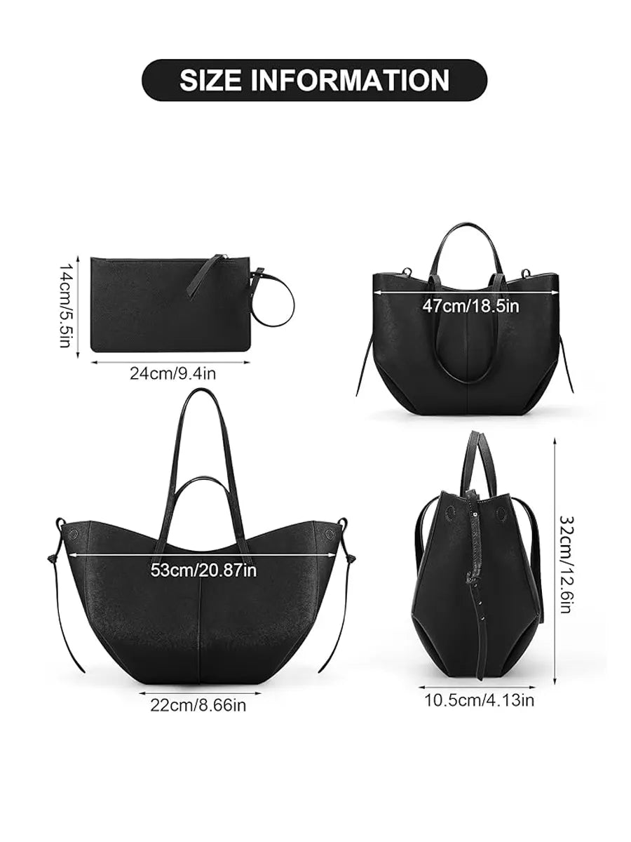 Black handbags of different types with measurements on a white background