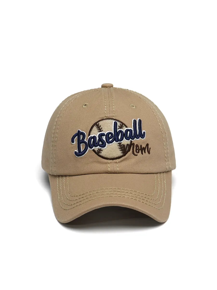 Beige baseball cap with 'Baseball Mom' text on a white background