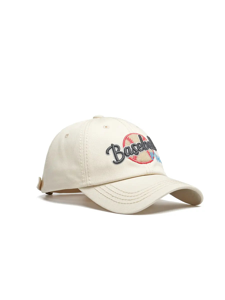 Beige baseball cap with embroidered text on a white background
