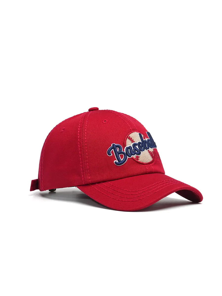 Red baseball cap with 'Baseball' text on a white background