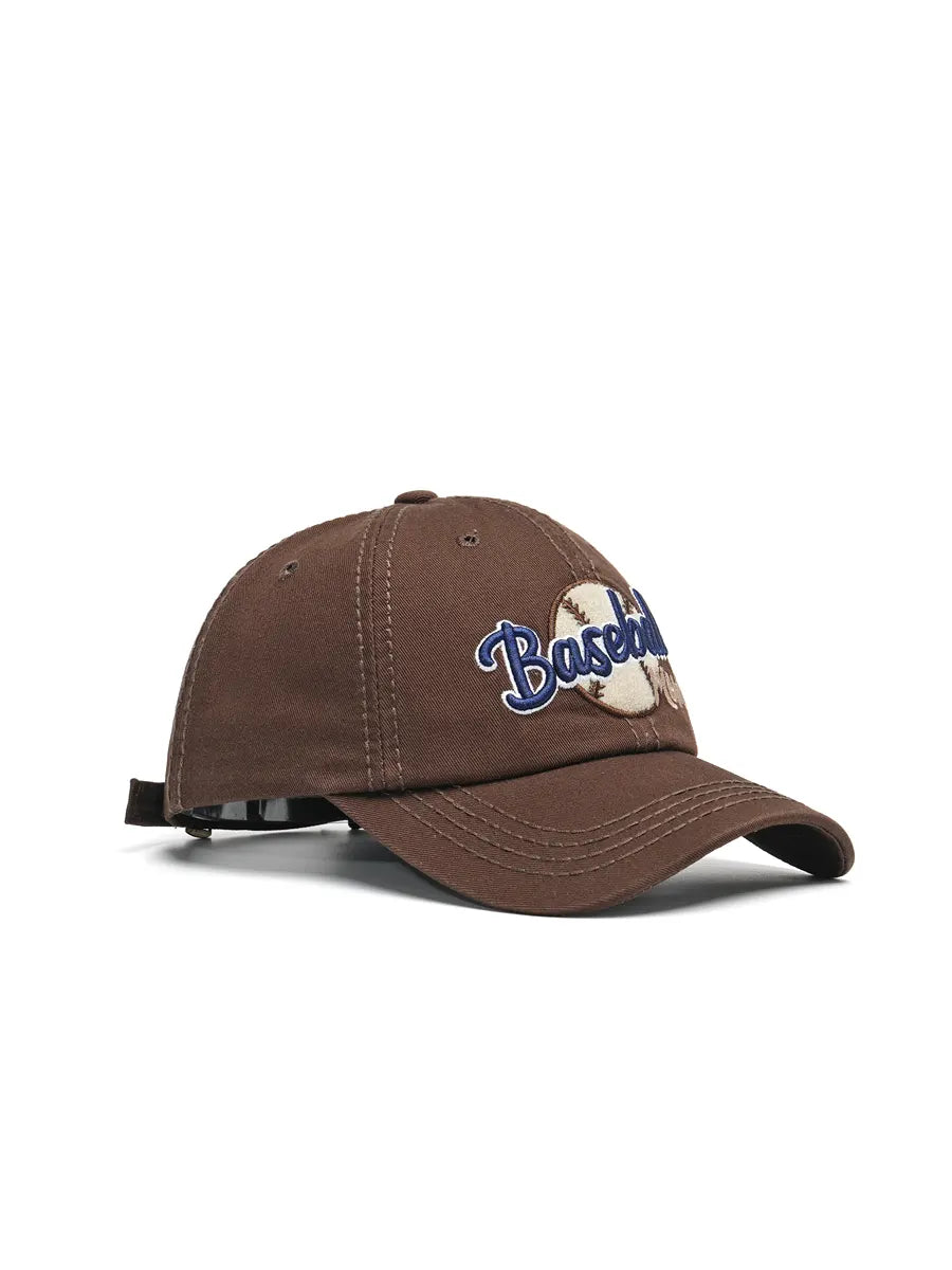 Brown baseball cap with 'Baseball' text and ball design on a white background