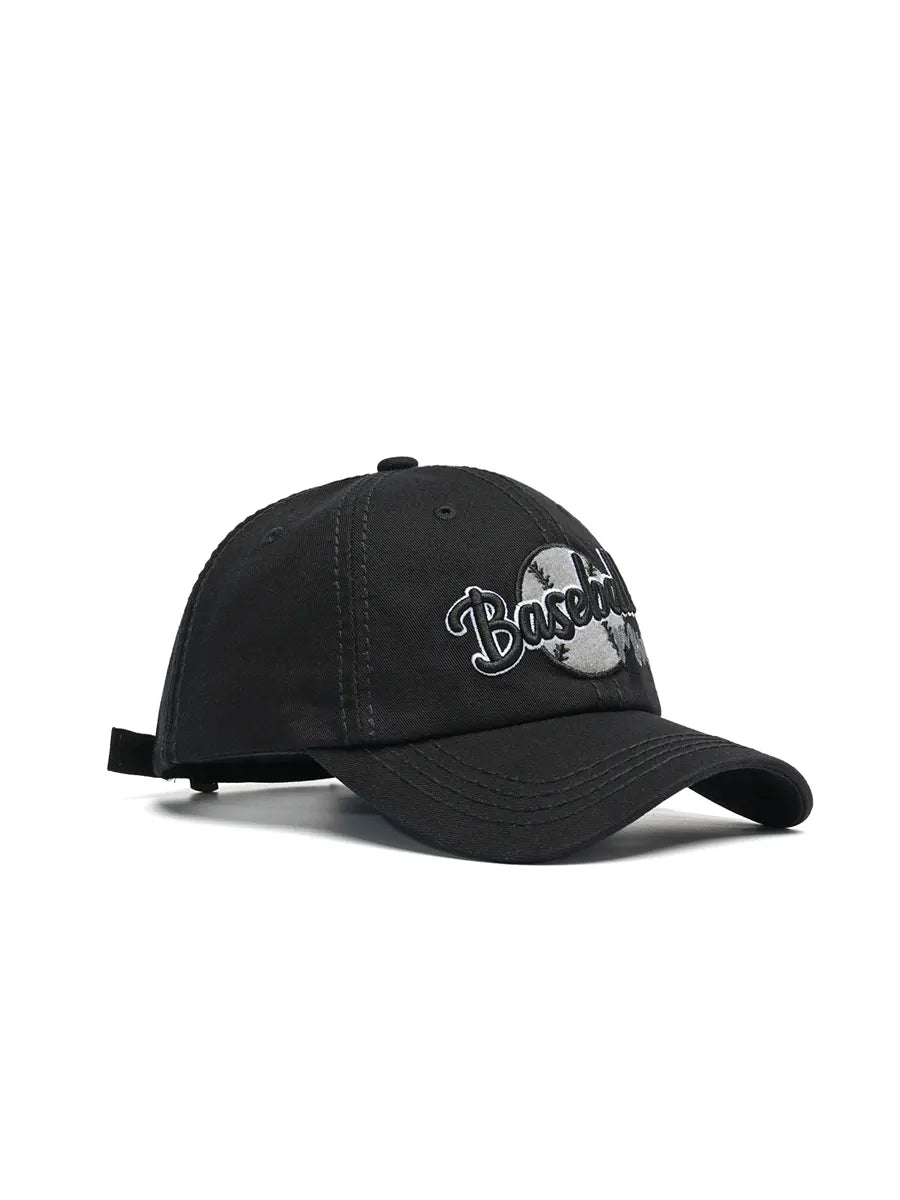 Black baseball cap with white logo on a white background