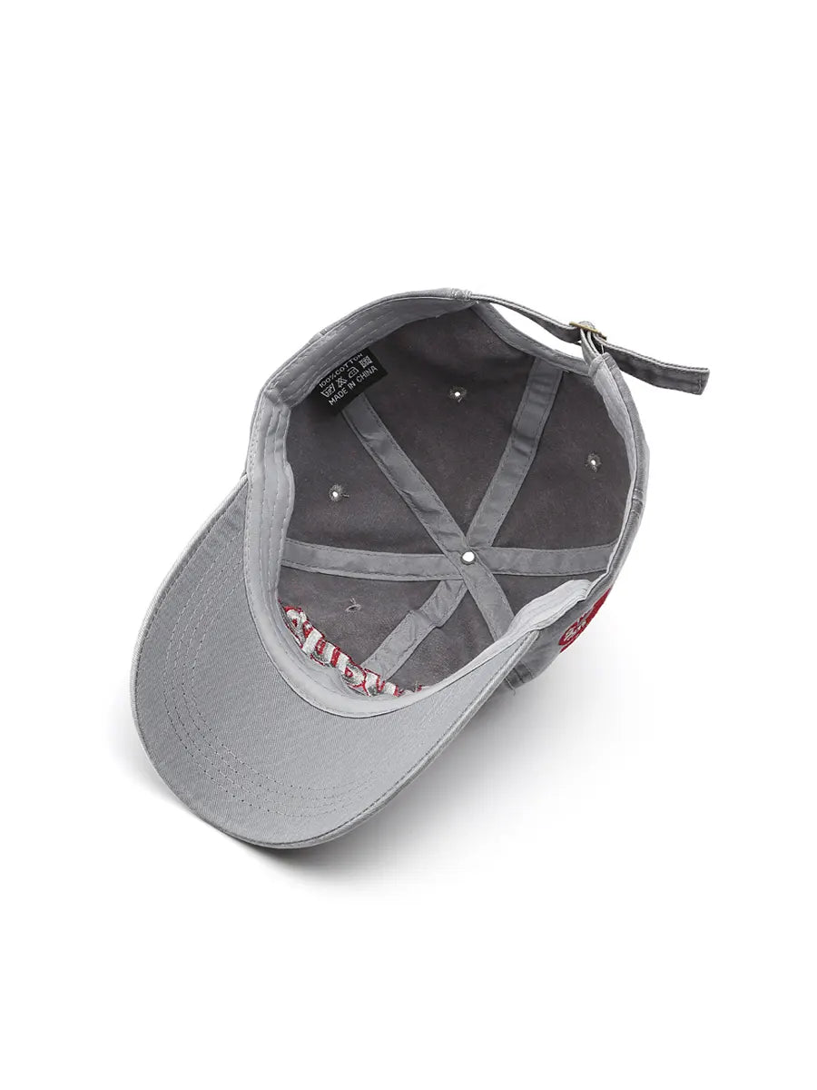 Gray baseball cap with a strap on a white background
