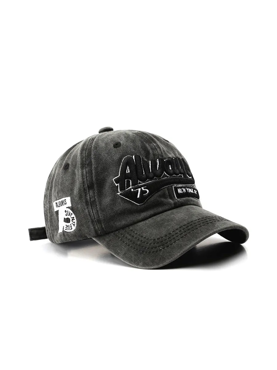 Gray baseball cap with black embroidered logo on a white background