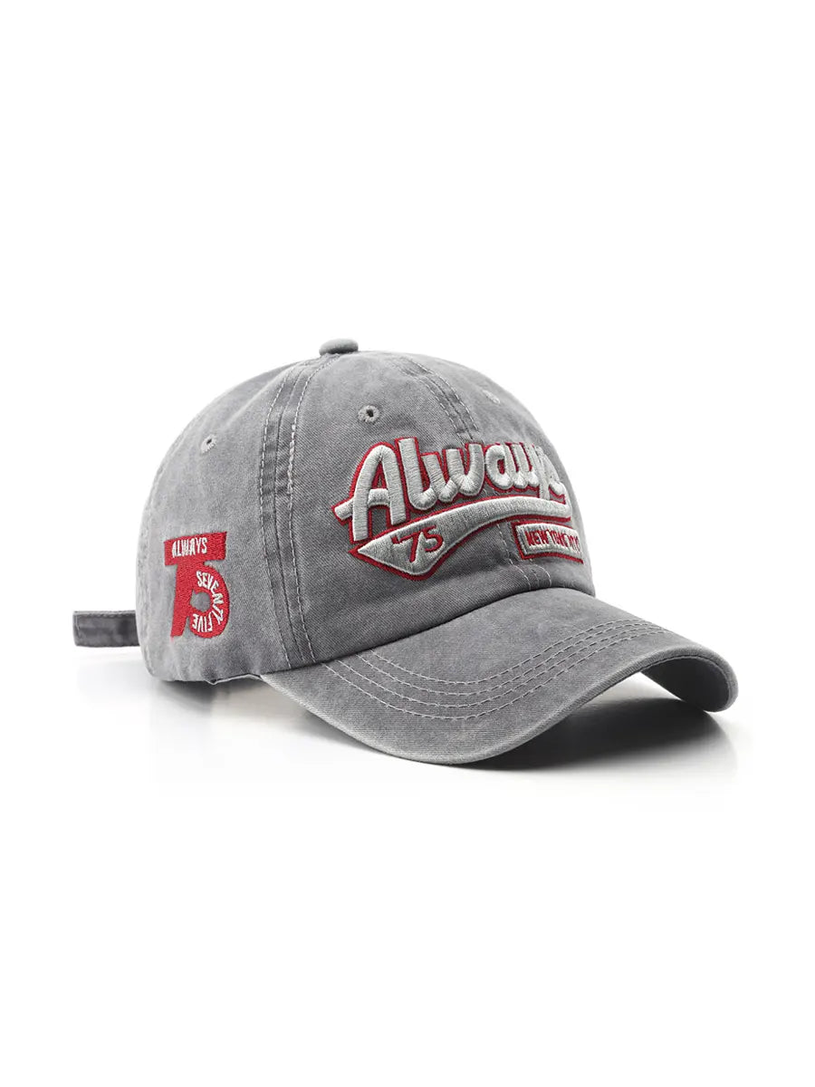 Gray cap with red and white text on a white background