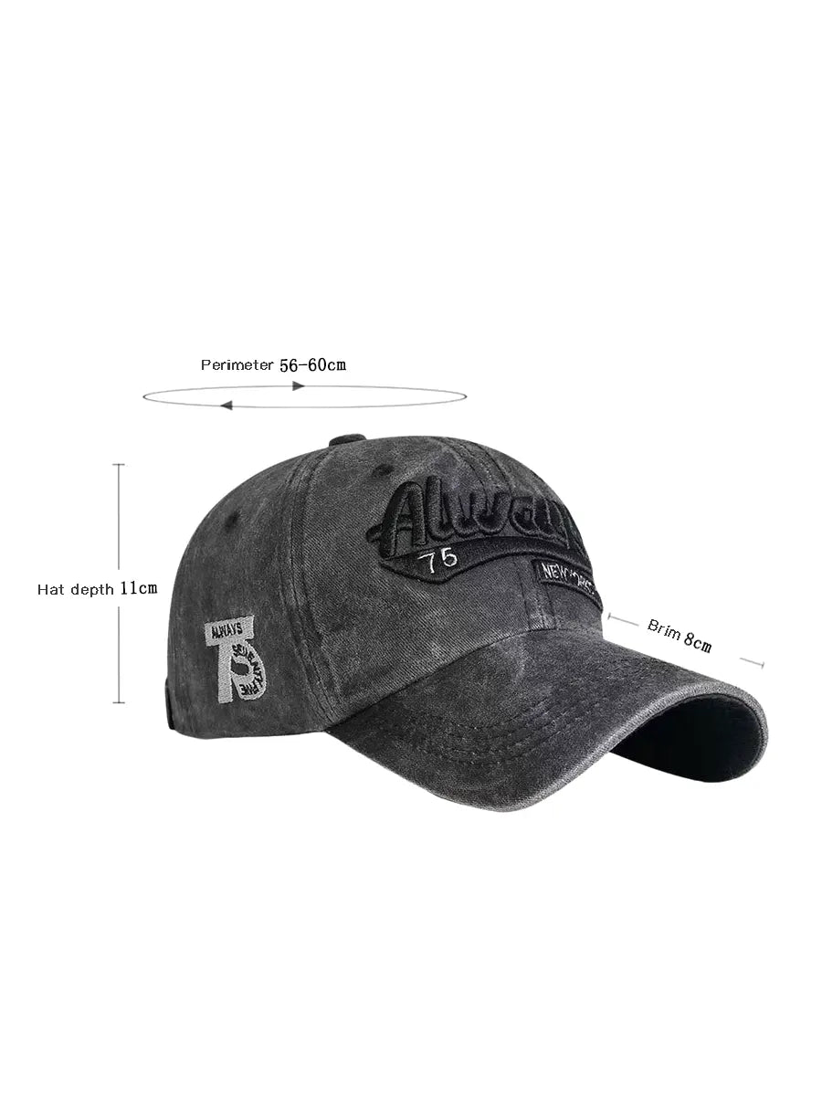Black baseball cap with branding and measurements on a white background