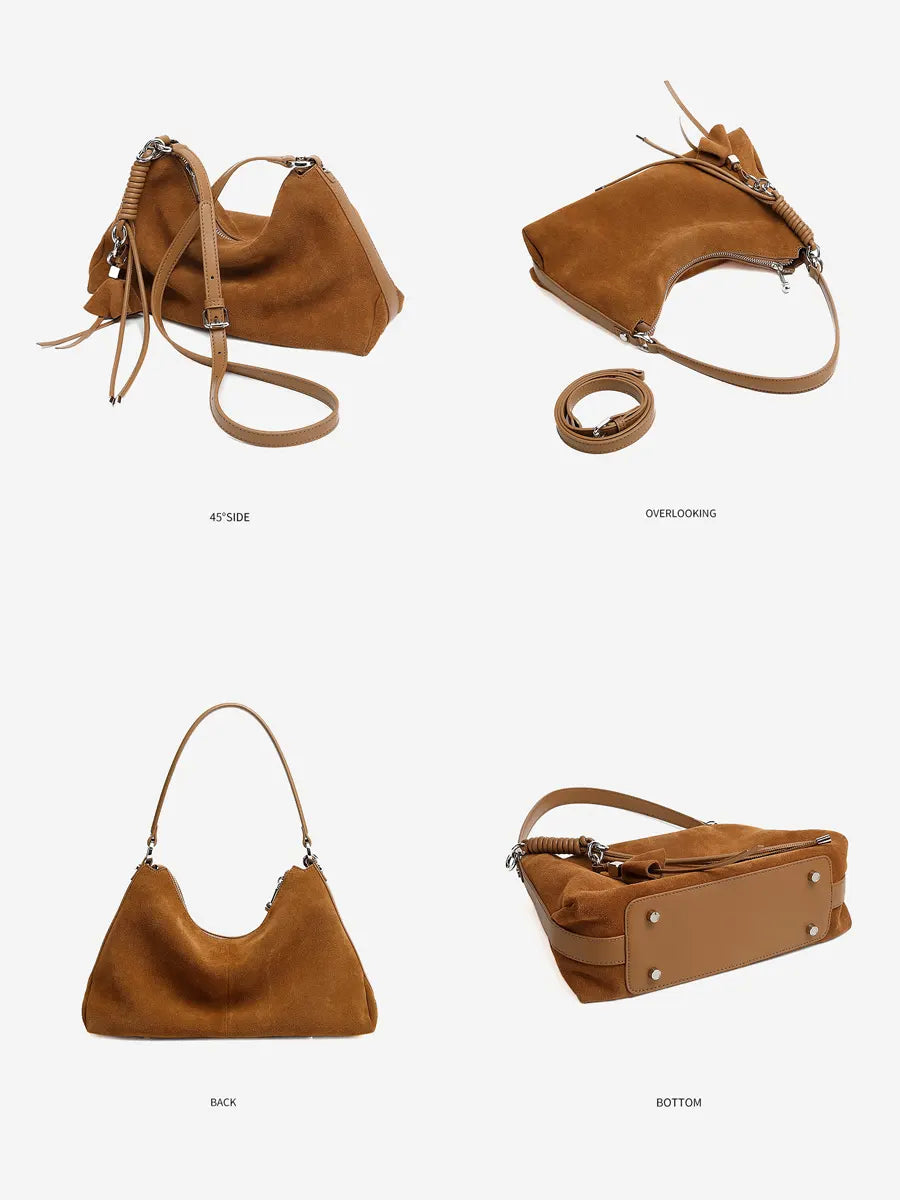 Brown handbag shown from multiple angles on a white background