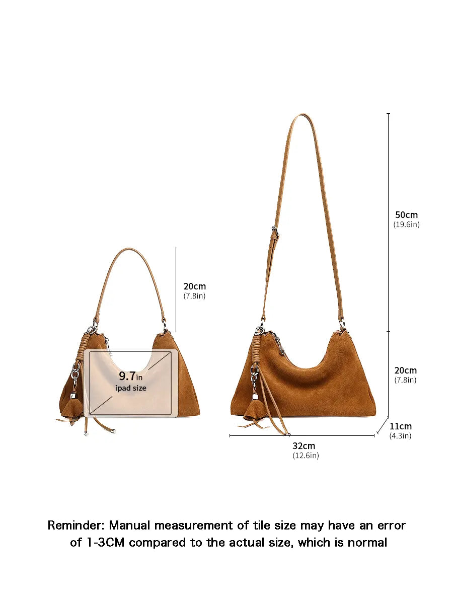 Brown handbag with measurements on a white background