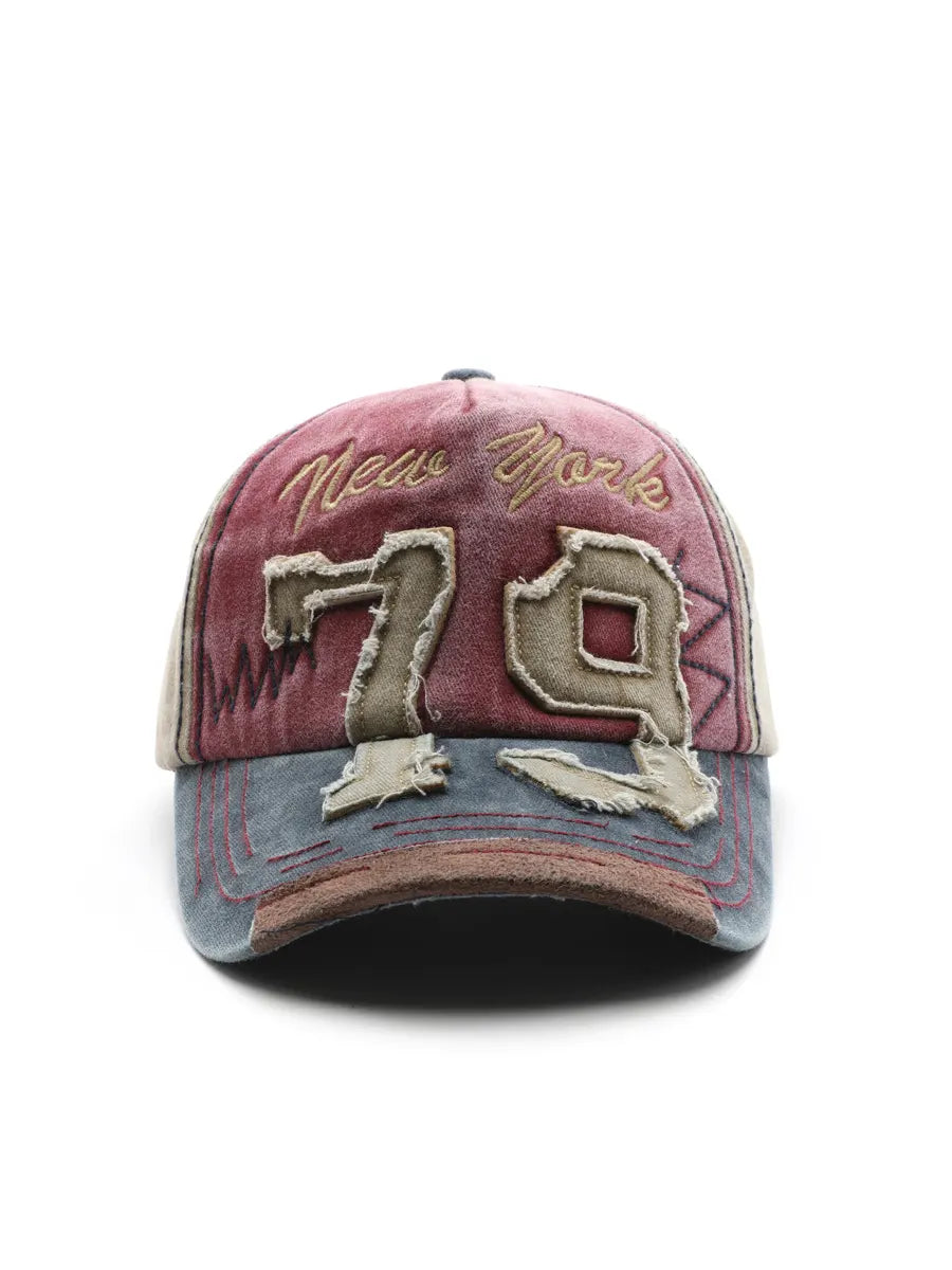 Vintage-style baseball cap with 'New York' and number '79' on a white background